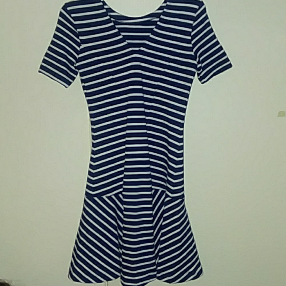 Three Dots Navy & White Striped Short-Sleeve Mini Dress - Picture 2 of 8